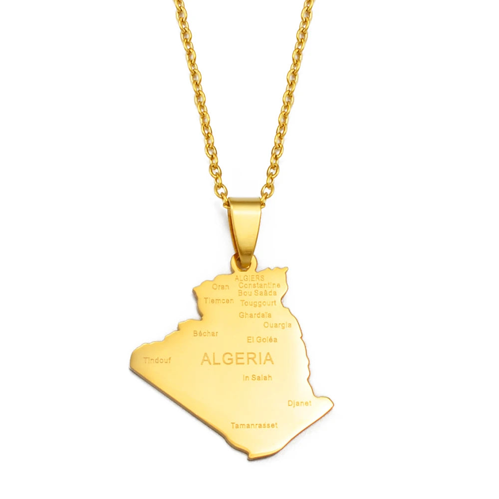 Algerien-Landkarte mit Städten Halskette – Algerischer Länder-Karten-Anhänger mit Kette, Heimat-, Kultur- & Reiseschmuck