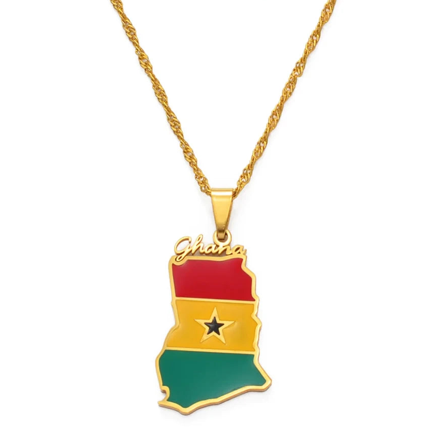 Ghana Landkarten-Flaggen-Halskette – Ghanaischer Länder-Anhänger & Charm, Heimat- und Kulturschmuck für Damen & Herren