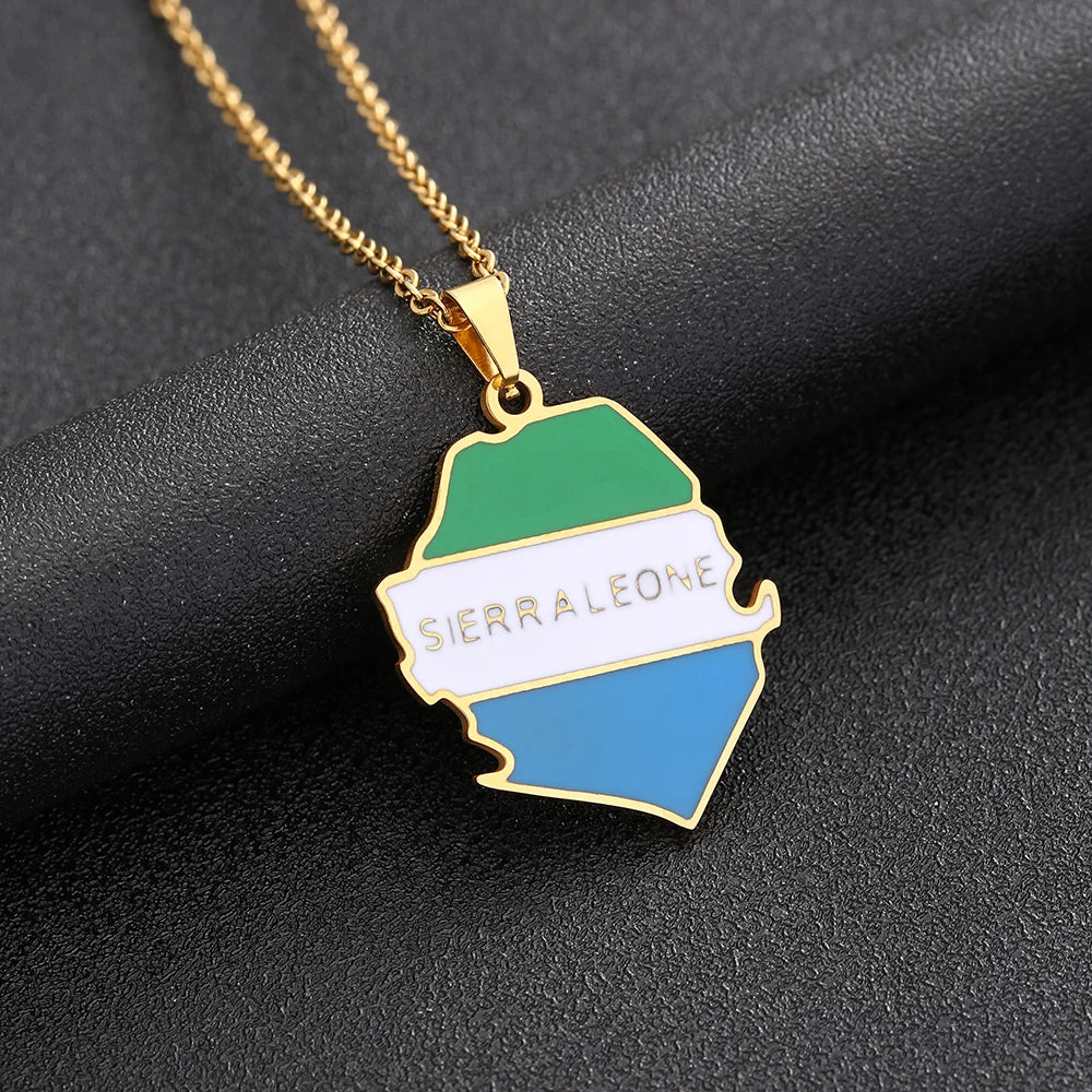 Sierra-Leone-Karten- & Flaggen-Halskette – Edelstahl-Anhänger in Gold- oder Silberfarbe