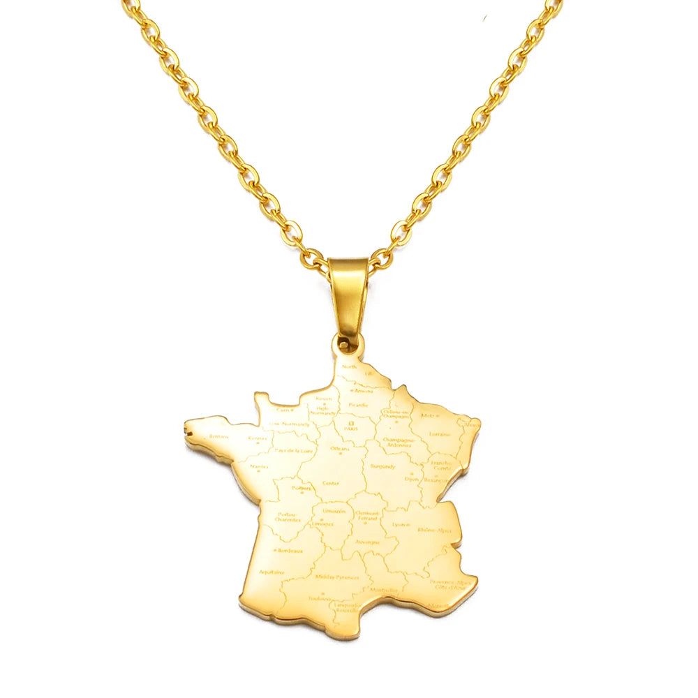 Frankreich Landkarten-Halskette – Edelstahl Französischer Länder-Anhänger, Eleganter Heimat-, Kultur- & Reiseschmuck