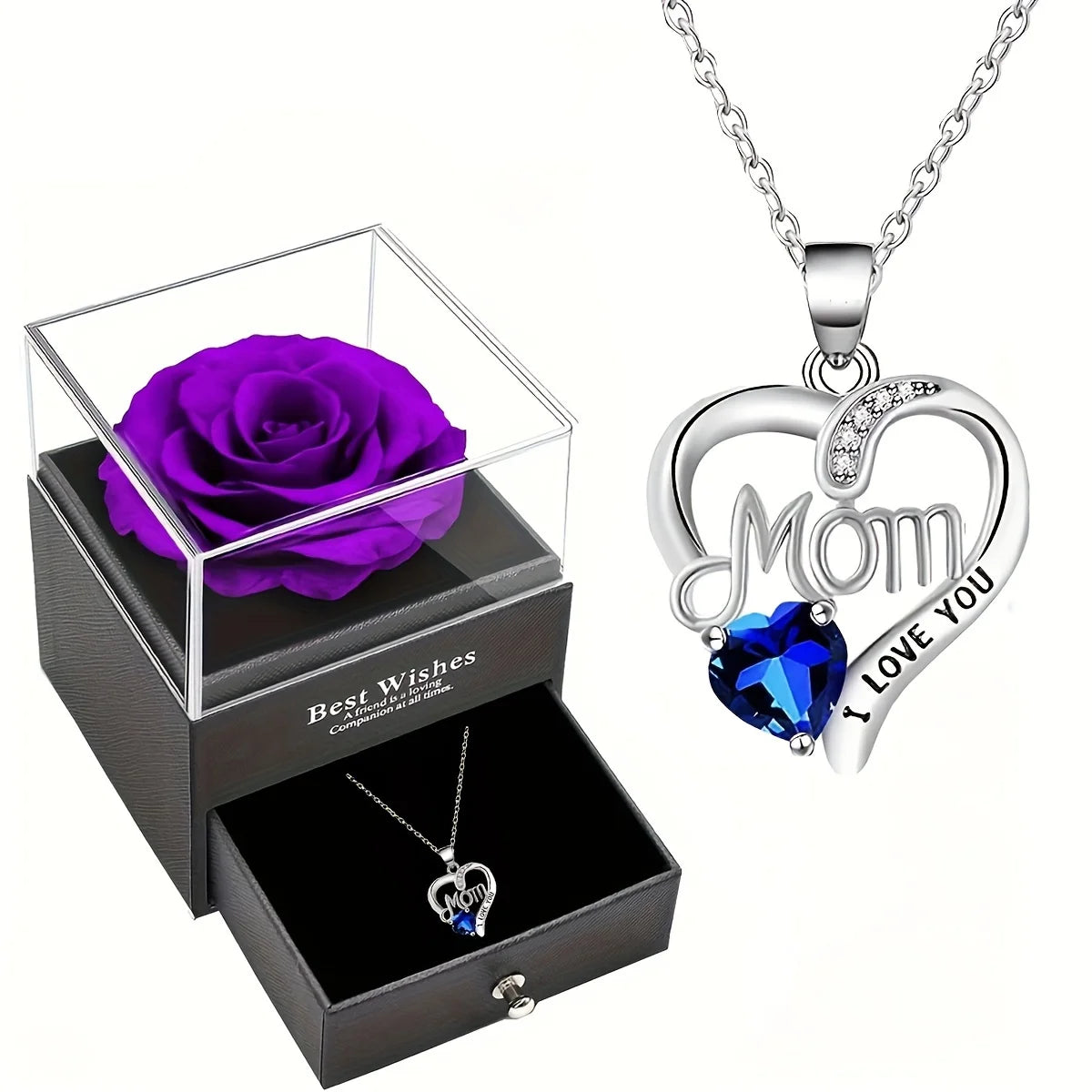 Luxuriöse Rosen-Geschenkbox für Mama – Lila Seifenrose mit „MOM I Love You“ Herz-Halskette