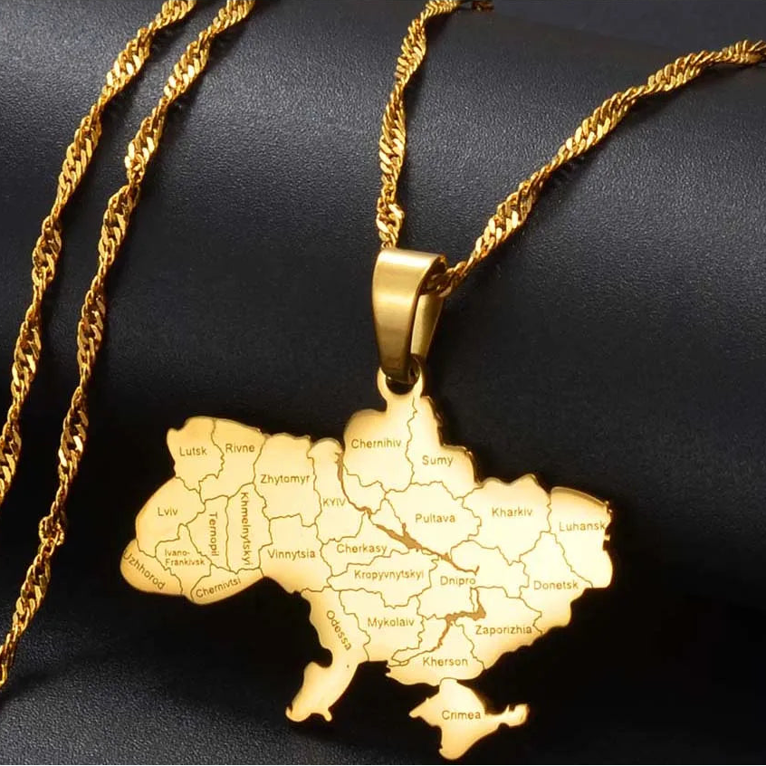 Ukraine-Landkarte mit Städten Halskette – Kyiv/Kiew Karten-Anhänger, Ukrainischer Heimat-, Reise- & Erinnerungsschmuck
