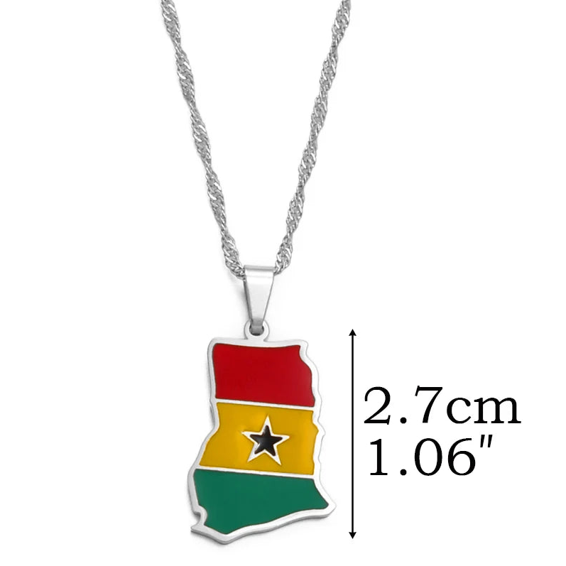 Bunte Nigeria, Ghana, Jamaika & Guyana Landkarten-Flaggen-Halskette – Edelstahl & Emaille Länder-Anhänger für Damen & Herren