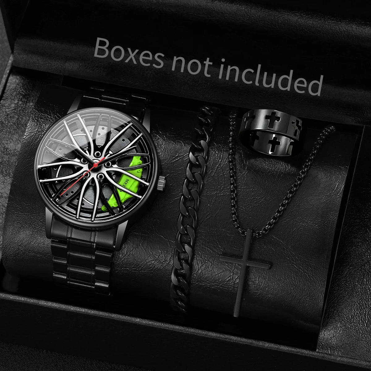 Herren-Quarzuhr mit 3D-Autorad-Zifferblatt & Edelstahlarmband – Sportliche Armbanduhr mit Modischem Schmuckset