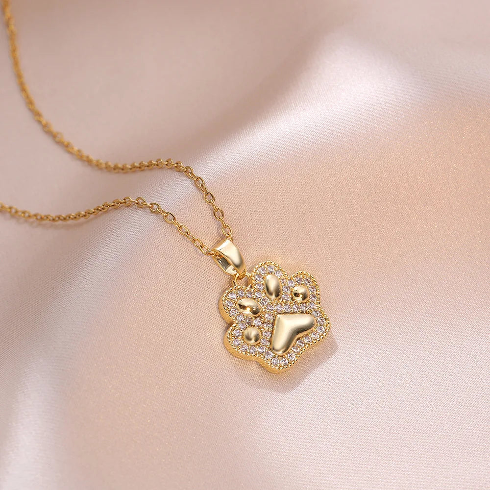 Goldfarbene Katzenpfoten-Zirkonia-Halskette für Damen – Edelstahl Tierpfoten-Anhänger, Farbbeständiger Koreanischer Trend-Schmuck