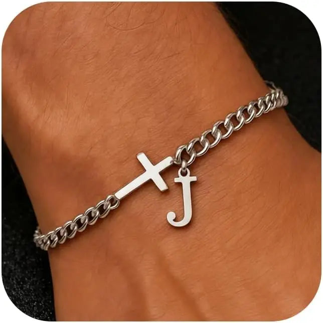 Herren Kreuz-Panzerarmband mit Initiale – A–Z Edelstahl-Armband als Glaubensschmuck