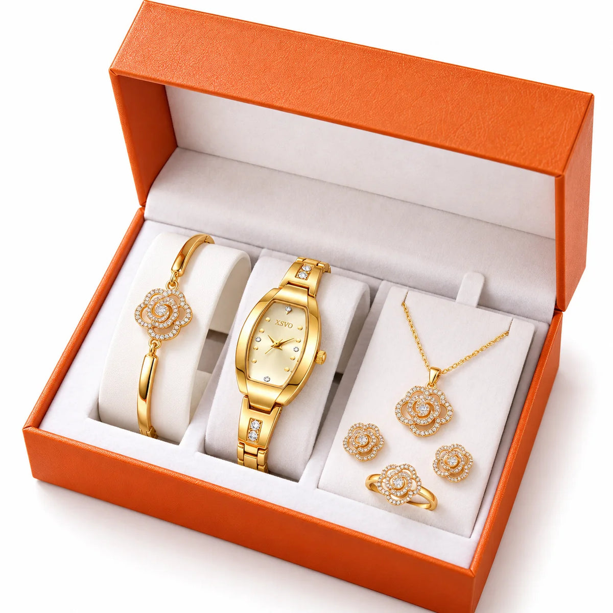 5-teiliges Damen-Uhren- & Schmuckset – Quarzuhr, Halskette, Armband, Ring & Ohrringe in Geschenkbox