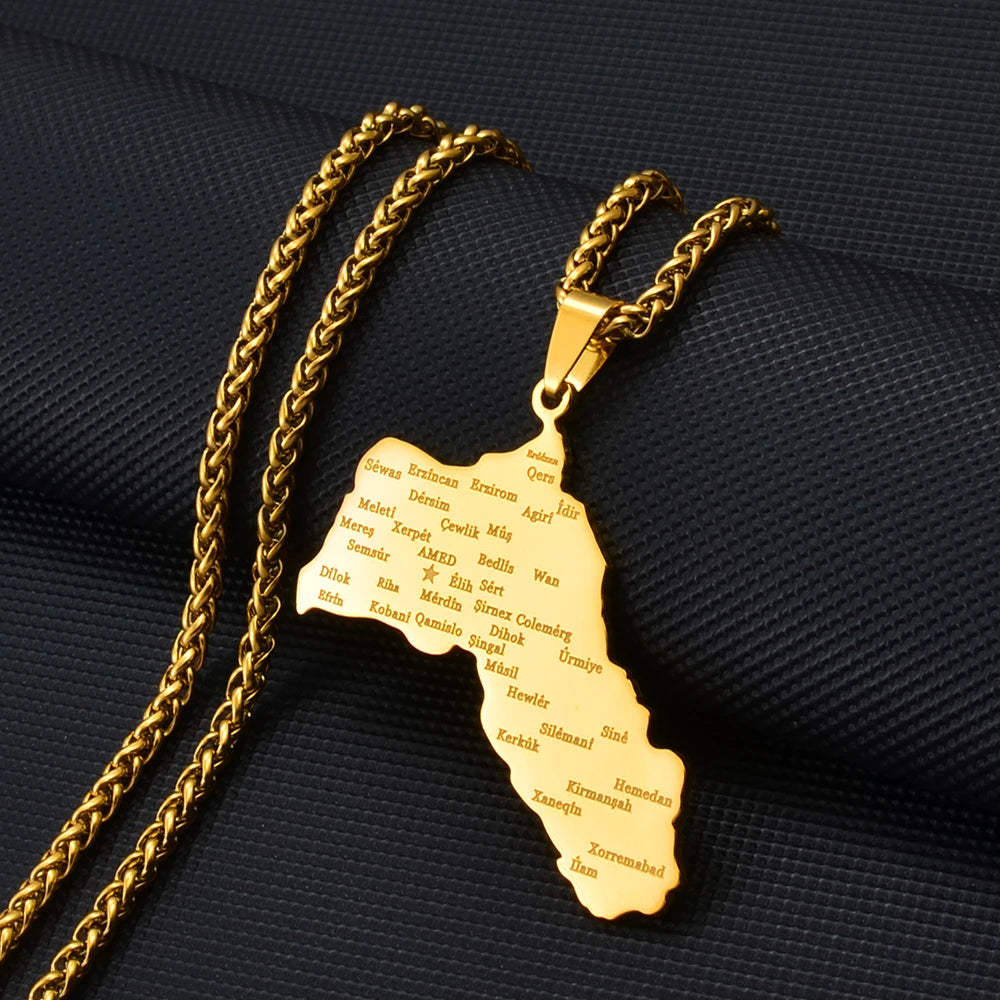 Kurdistan-Karten Flaggen-Halskette – Gold- & Silberfarbene Kurdistan-Halskette