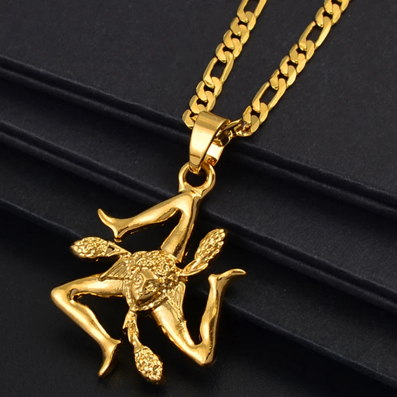 Sizilien Trinacria Italien Landkarte mit Städten & Flagge Halskette – Goldfarbener Sicilia-Anhänger, Italienischer Schmuck für Damen & Herren