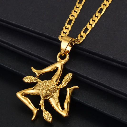 Sizilien Trinacria Italien Landkarte mit Städten & Flagge Halskette – Goldfarbener Sicilia-Anhänger, Italienischer Schmuck für Damen & Herren