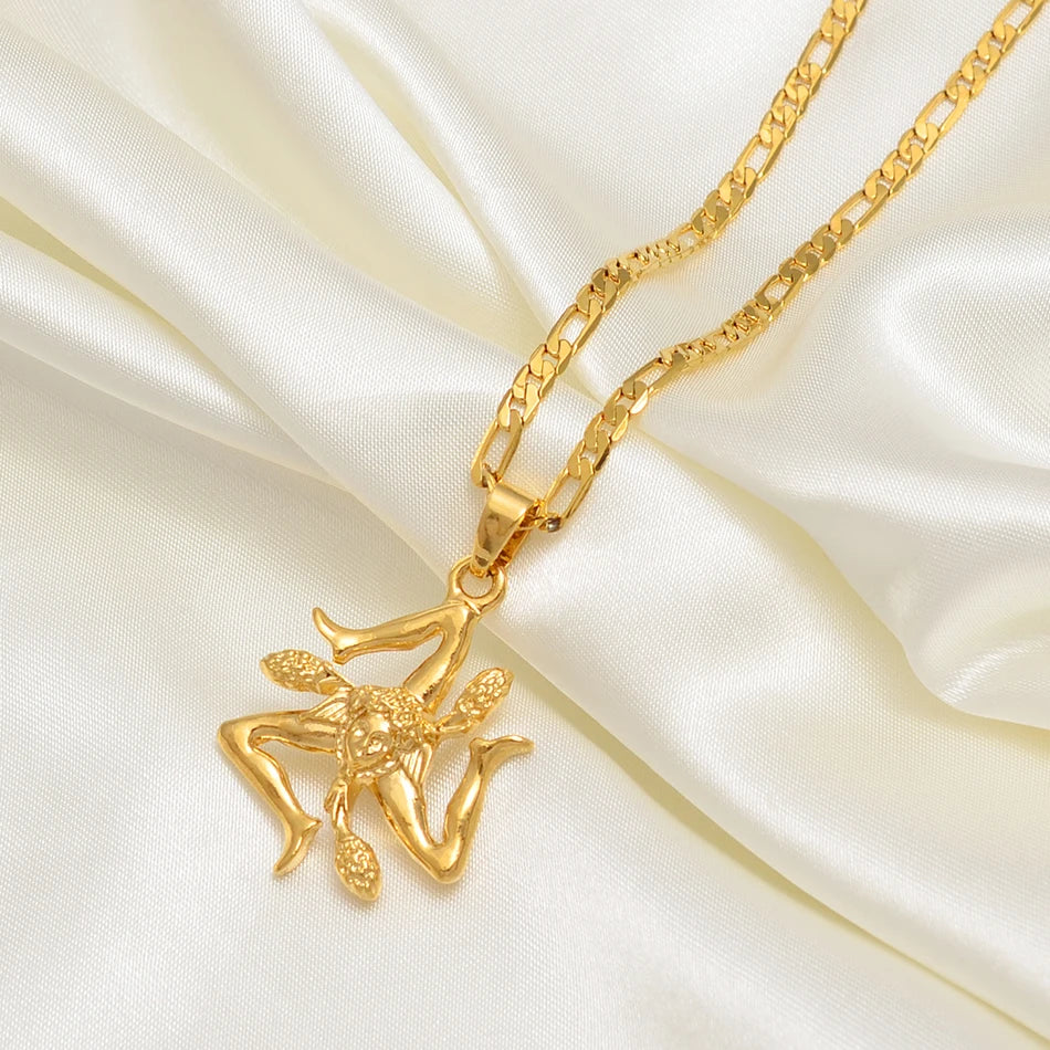 Sizilien Trinacria Italien Landkarte mit Städten & Flagge Halskette – Goldfarbener Sicilia-Anhänger, Italienischer Schmuck für Damen & Herren