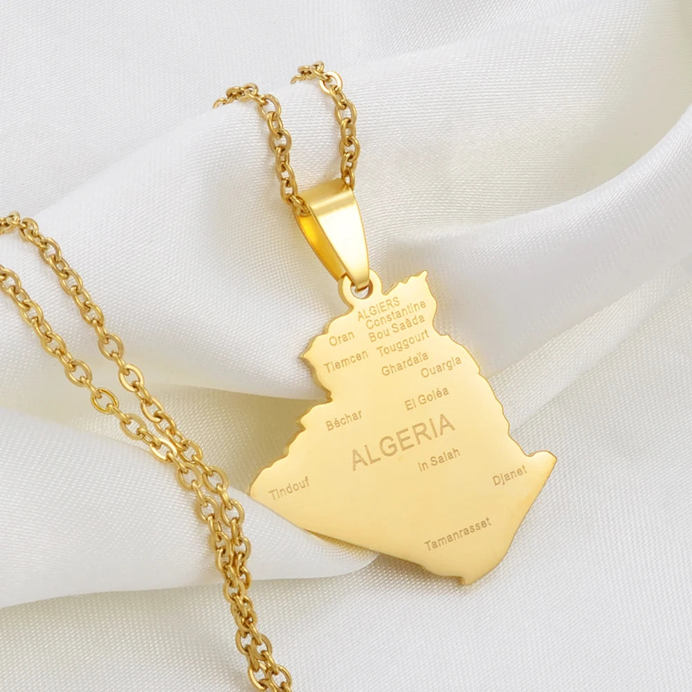 Algerien-Landkarte mit Städten Halskette – Algerischer Länder-Karten-Anhänger mit Kette, Heimat-, Kultur- & Reiseschmuck