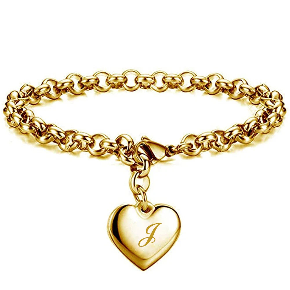 Goldfarbenes A-Z Initialen-Herzarmband für Damen – Edelstahl Gliederarmband mit 26 Gravierten Buchstaben, Personalisiertes Schmuckgeschenk