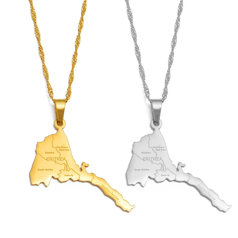 Eritrea-Landkarte mit Städten Halskette – Gold- & Silberfarbener Eritreischer Afrika-Karten-Anhänger, Heimat- & Kulturschmuck