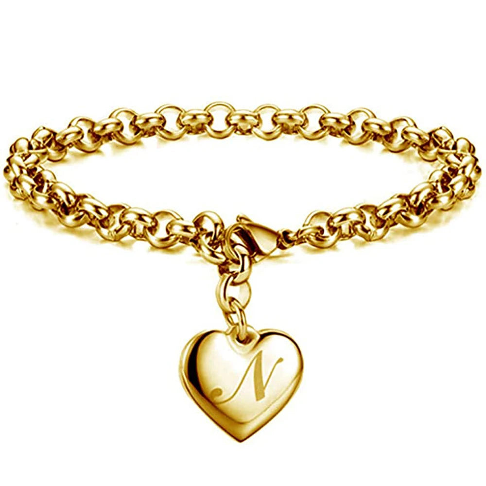 Goldfarbenes A-Z Initialen-Herzarmband für Damen – Edelstahl Gliederarmband mit 26 Gravierten Buchstaben, Personalisiertes Schmuckgeschenk