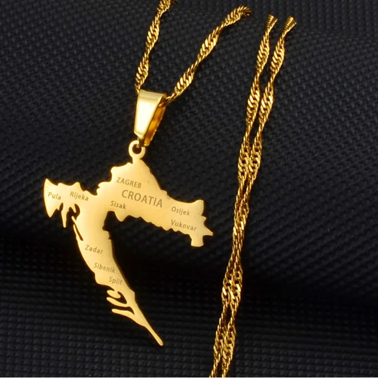 Kroatien-Landkarte mit Städten Halskette – Goldfarbener Edelstahl Kroatien-Karten-Anhänger, Heimat- & Kulturschmuck