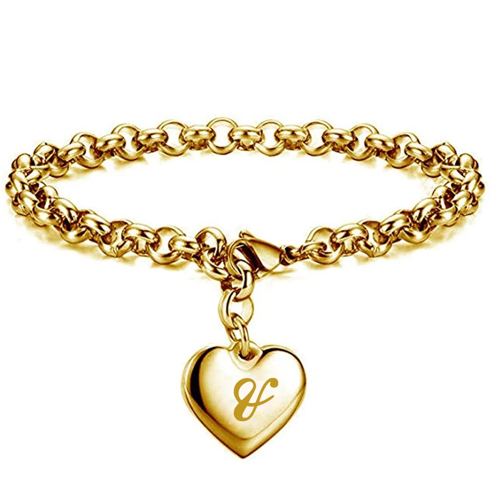 Goldfarbenes A-Z Initialen-Herzarmband für Damen – Edelstahl Gliederarmband mit 26 Gravierten Buchstaben, Personalisiertes Schmuckgeschenk