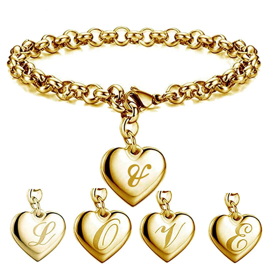 Goldfarbenes A-Z Initialen-Herzarmband für Damen – Edelstahl Gliederarmband mit 26 Gravierten Buchstaben, Personalisiertes Schmuckgeschenk