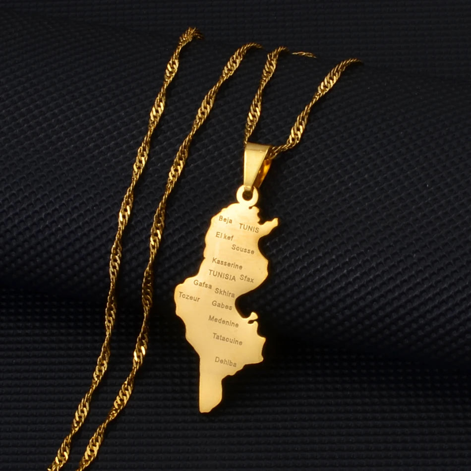 Tunesien Landkarte mit Städten Halskette für Damen – Gold- & Silberfarbener Tunesischer Karten-Anhänger, Heimat-, Kultur- & Reiseschmuck