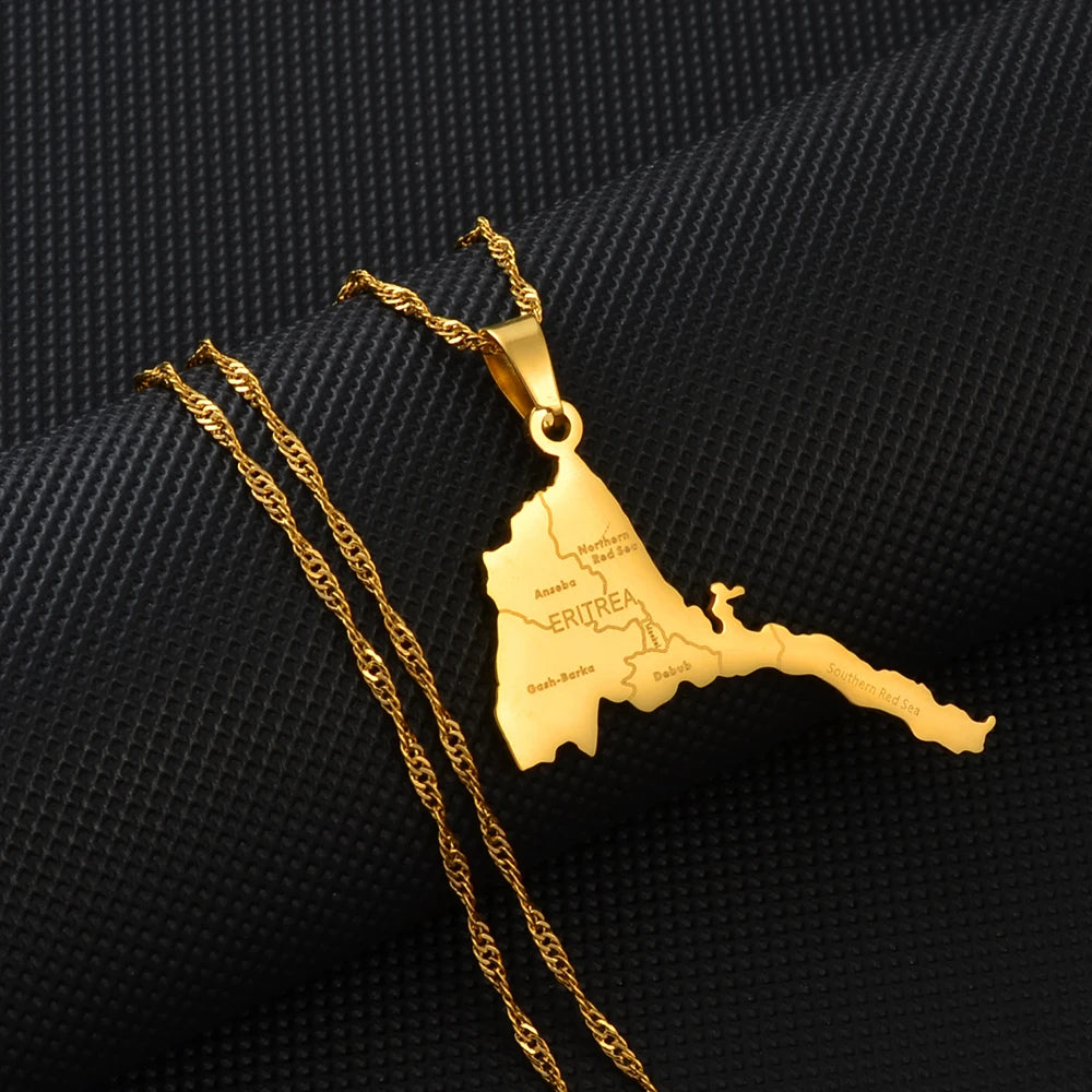 Eritrea-Landkarte mit Städten Halskette – Gold- & Silberfarbener Eritreischer Afrika-Karten-Anhänger, Heimat- & Kulturschmuck