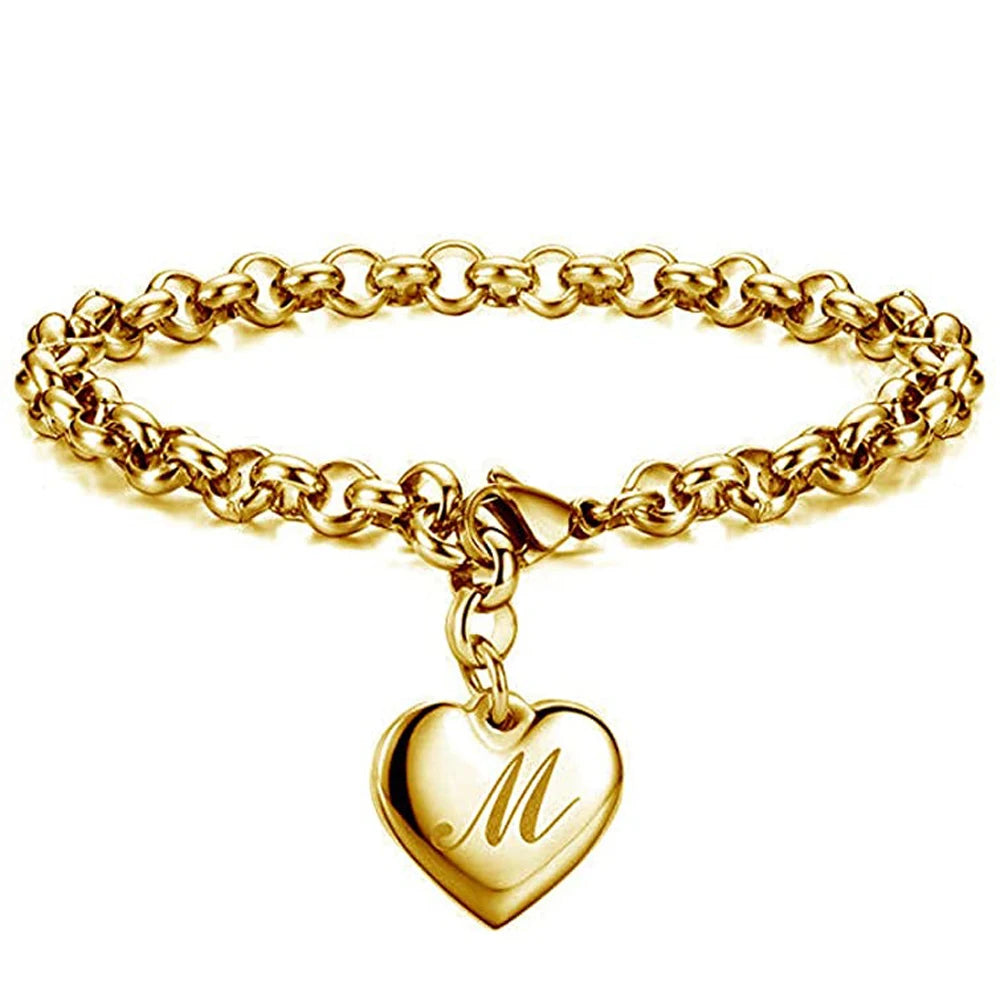 Goldfarbenes A-Z Initialen-Herzarmband für Damen – Edelstahl Gliederarmband mit 26 Gravierten Buchstaben, Personalisiertes Schmuckgeschenk