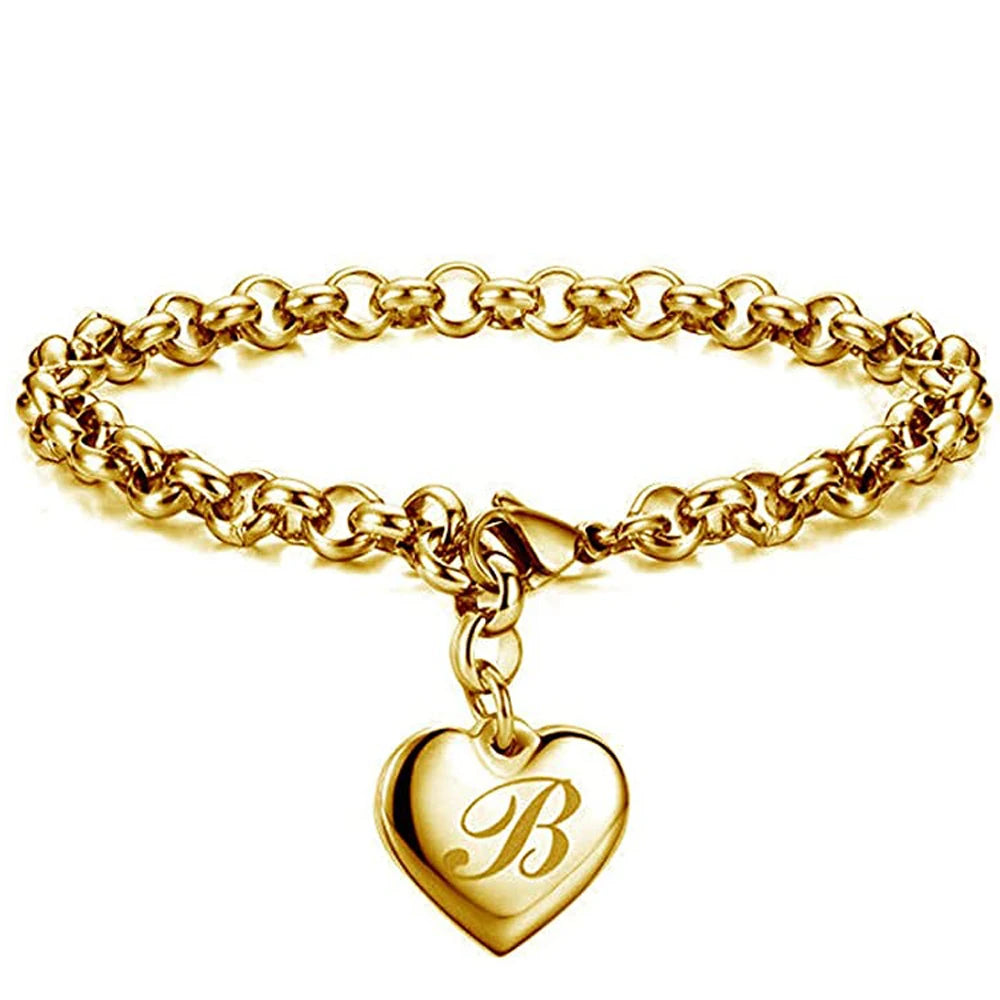 Goldfarbenes A-Z Initialen-Herzarmband für Damen – Edelstahl Gliederarmband mit 26 Gravierten Buchstaben, Personalisiertes Schmuckgeschenk