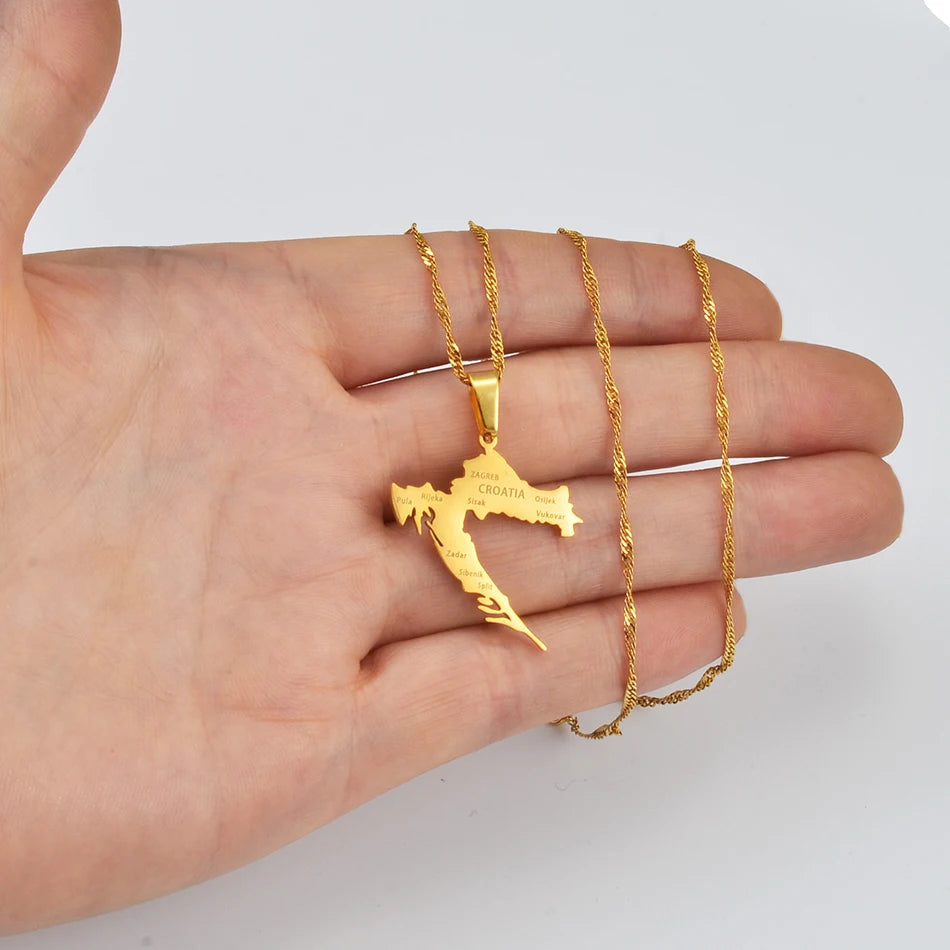 Kroatien-Landkarte mit Städten Halskette – Goldfarbener Edelstahl Kroatien-Karten-Anhänger, Heimat- & Kulturschmuck