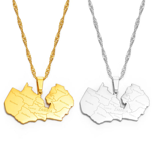 Sambia-Karten-Halskette mit Stadt-Details – Goldfarbener Edelstahl-Landkarten-Anhänger für Damen & Sambia-Schmuck