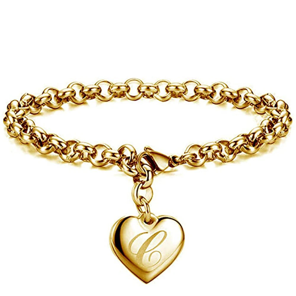 Goldfarbenes A-Z Initialen-Herzarmband für Damen – Edelstahl Gliederarmband mit 26 Gravierten Buchstaben, Personalisiertes Schmuckgeschenk