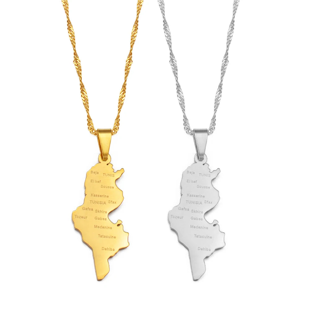 Tunesien Landkarte mit Städten Halskette für Damen – Gold- & Silberfarbener Tunesischer Karten-Anhänger, Heimat-, Kultur- & Reiseschmuck