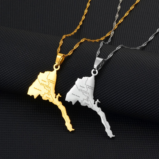 Eritrea-Landkarte mit Städten Halskette – Gold- & Silberfarbener Eritreischer Afrika-Karten-Anhänger, Heimat- & Kulturschmuck