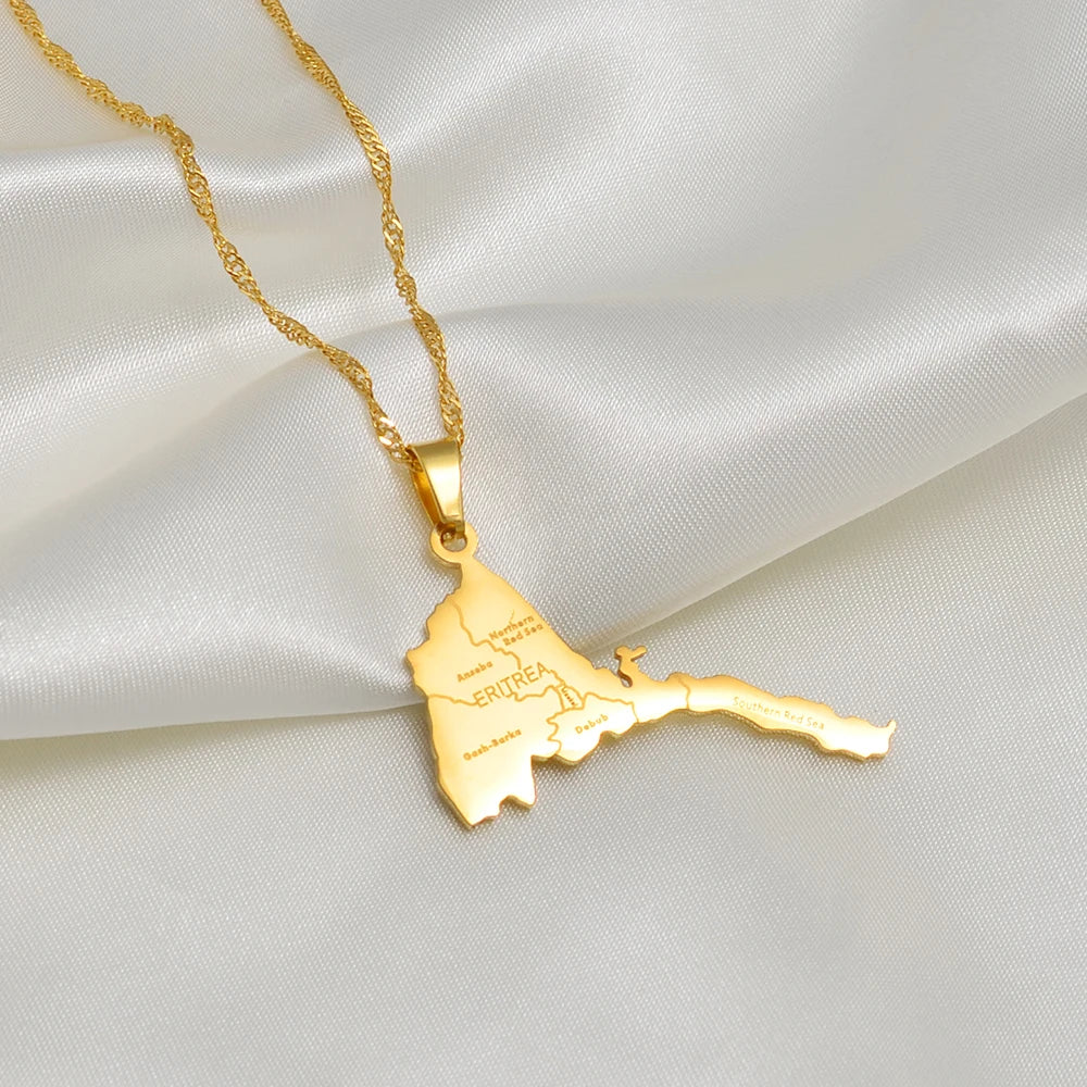 Eritrea-Landkarte mit Städten Halskette – Gold- & Silberfarbener Eritreischer Afrika-Karten-Anhänger, Heimat- & Kulturschmuck