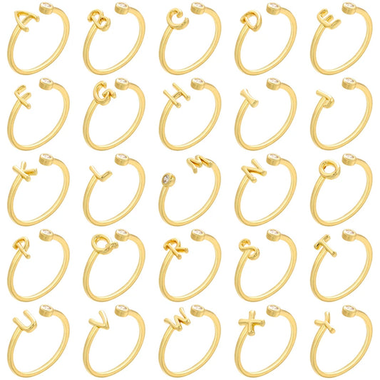 Zirkonia A-Z Initialenring für Damen – Größenverstellbarer Offener Buchstabenring mit Funkelnden Steinen & Alphabet-Design