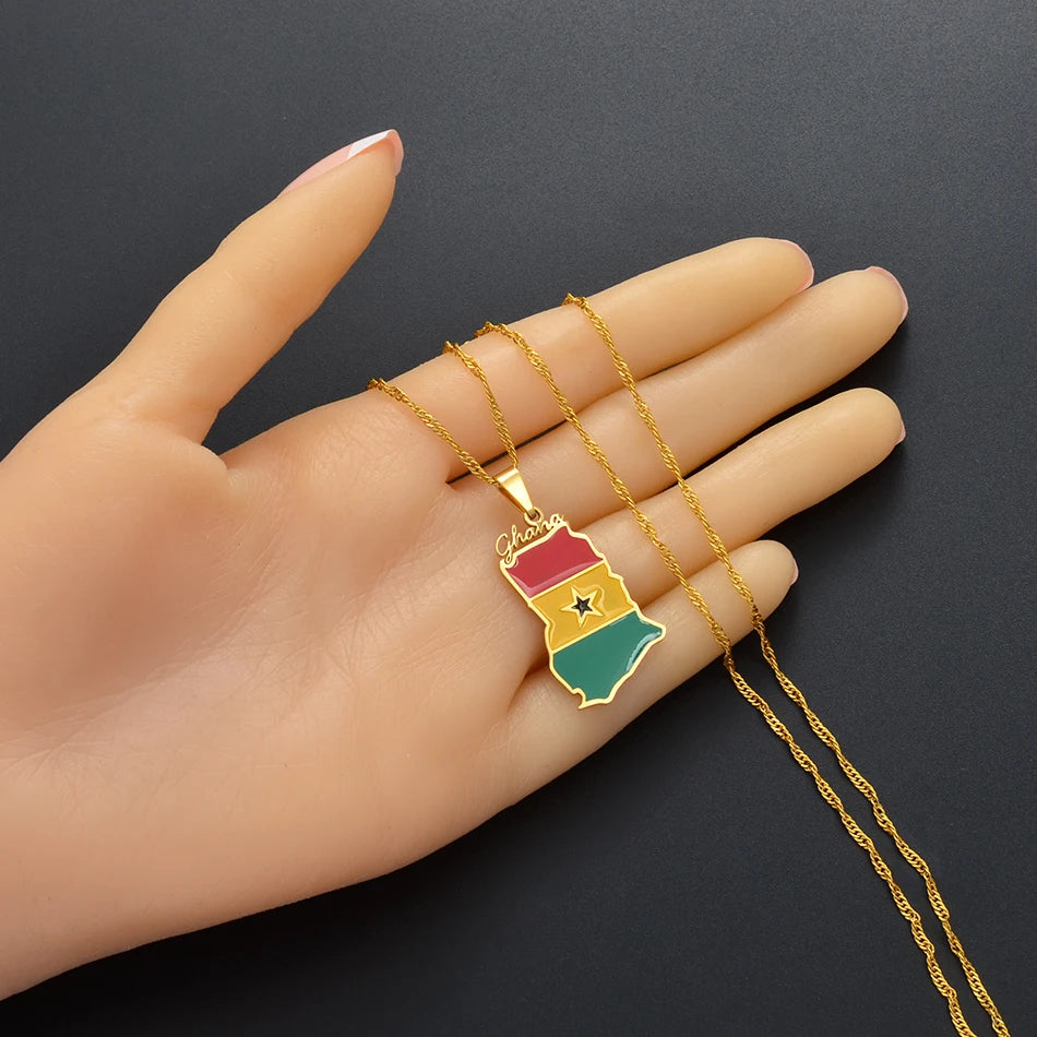 Ghana Landkarten-Flaggen-Halskette – Ghanaischer Länder-Anhänger & Charm, Heimat- und Kulturschmuck für Damen & Herren