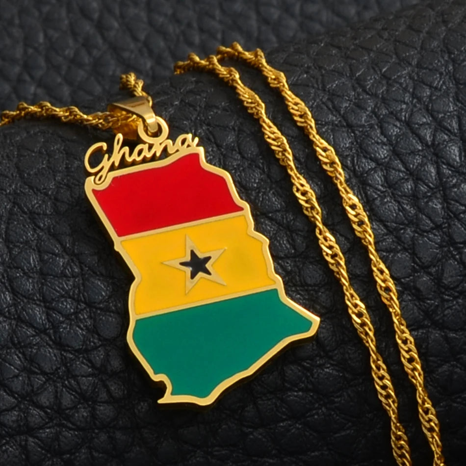 Ghana Landkarten-Flaggen-Halskette – Ghanaischer Länder-Anhänger & Charm, Heimat- und Kulturschmuck für Damen & Herren