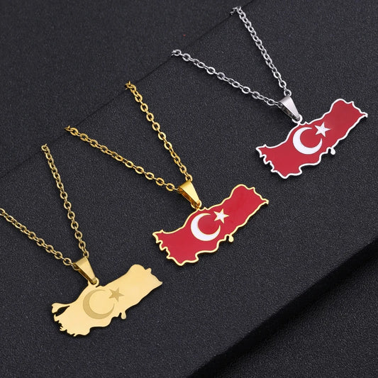 Türkei-Karten Flaggen-Halskette – Edelstahl Türkische Halskette