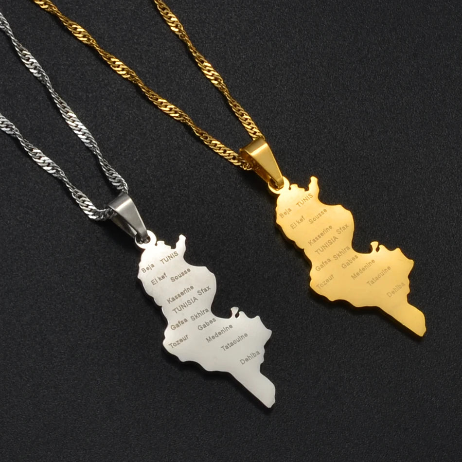 Tunesien Landkarte mit Städten Halskette für Damen – Gold- & Silberfarbener Tunesischer Karten-Anhänger, Heimat-, Kultur- & Reiseschmuck