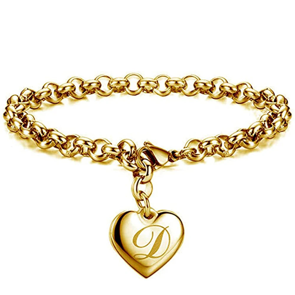 Goldfarbenes A-Z Initialen-Herzarmband für Damen – Edelstahl Gliederarmband mit 26 Gravierten Buchstaben, Personalisiertes Schmuckgeschenk