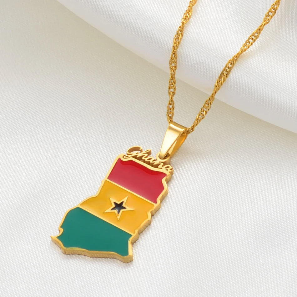 Ghana Landkarten-Flaggen-Halskette – Ghanaischer Länder-Anhänger & Charm, Heimat- und Kulturschmuck für Damen & Herren