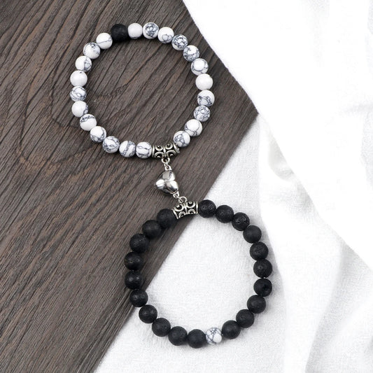 Partnerarmbänder aus Naturstein mit Magnetischem Herzanhänger – 8MM Dehnbare Armbänder für Paare