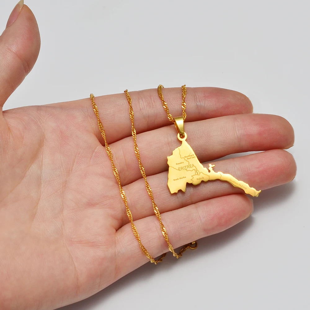 Eritrea-Landkarte mit Städten Halskette – Gold- & Silberfarbener Eritreischer Afrika-Karten-Anhänger, Heimat- & Kulturschmuck