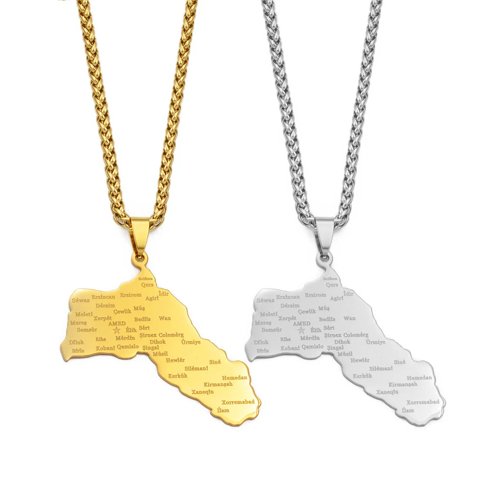 Kurdistan-Karten Flaggen-Halskette – Gold- & Silberfarbene Kurdistan-Halskette