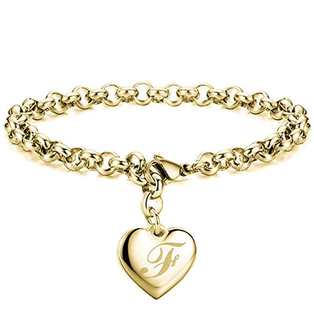 Goldfarbenes A-Z Initialen-Herzarmband für Damen – Edelstahl Gliederarmband mit 26 Gravierten Buchstaben, Personalisiertes Schmuckgeschenk
