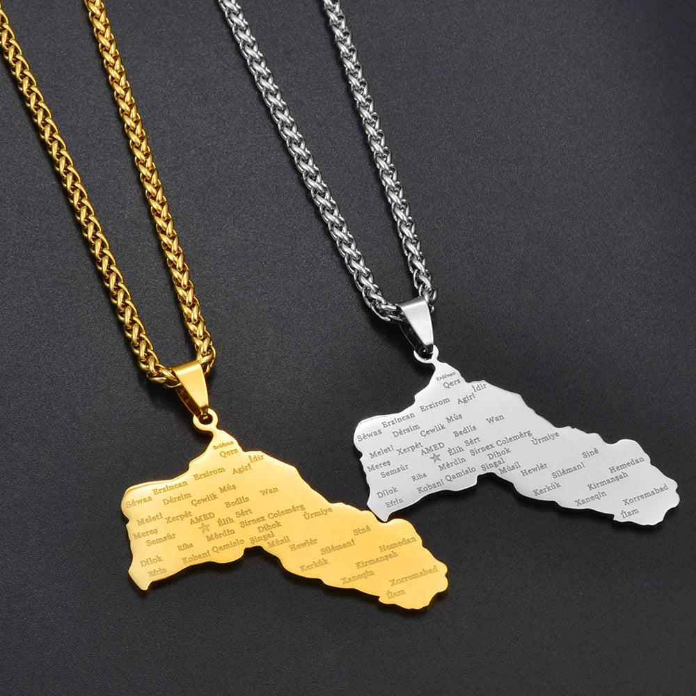 Kurdistan-Karten Flaggen-Halskette – Gold- & Silberfarbene Kurdistan-Halskette