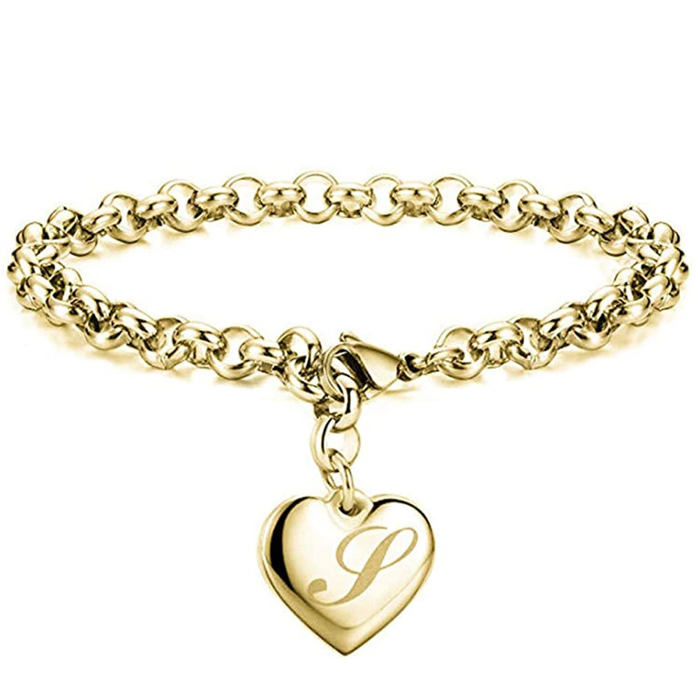 Goldfarbenes A-Z Initialen-Herzarmband für Damen – Edelstahl Gliederarmband mit 26 Gravierten Buchstaben, Personalisiertes Schmuckgeschenk