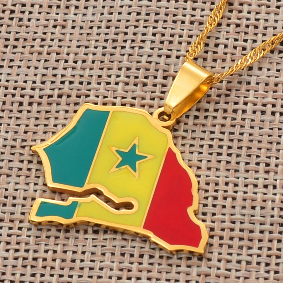 Senegal Landkarten-Flaggen-Halskette – Goldfarbener Senegal Länder-Anhänger, Patriotischer Heimat- & Kulturschmuck für Damen & Herren