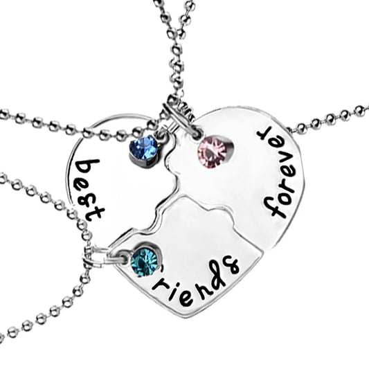 3-teiliges Best-Friends-Forever-Halsketten-Set – Geteiltes Herz mit Bunten Kristallanhängern