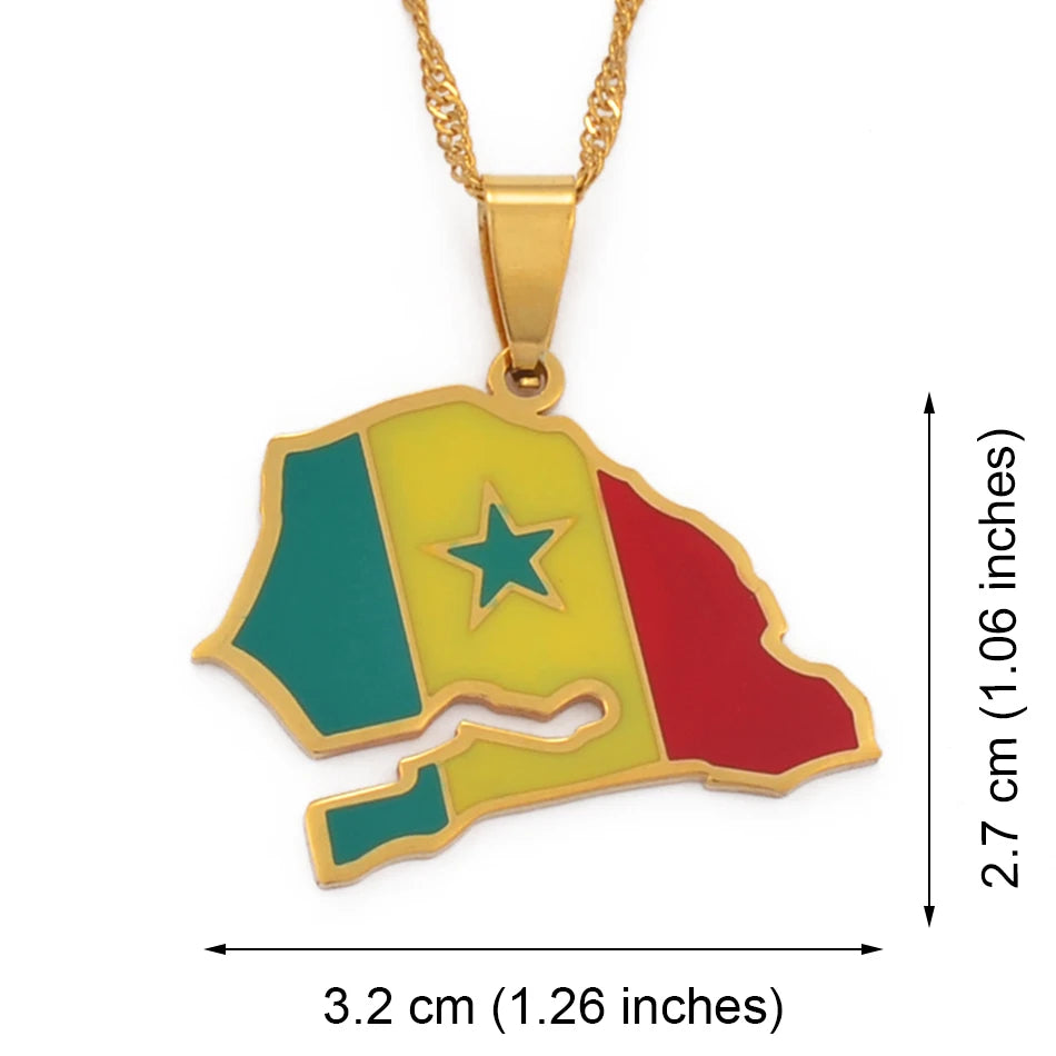 Senegal Landkarten-Flaggen-Halskette – Goldfarbener Senegal Länder-Anhänger, Patriotischer Heimat- & Kulturschmuck für Damen & Herren
