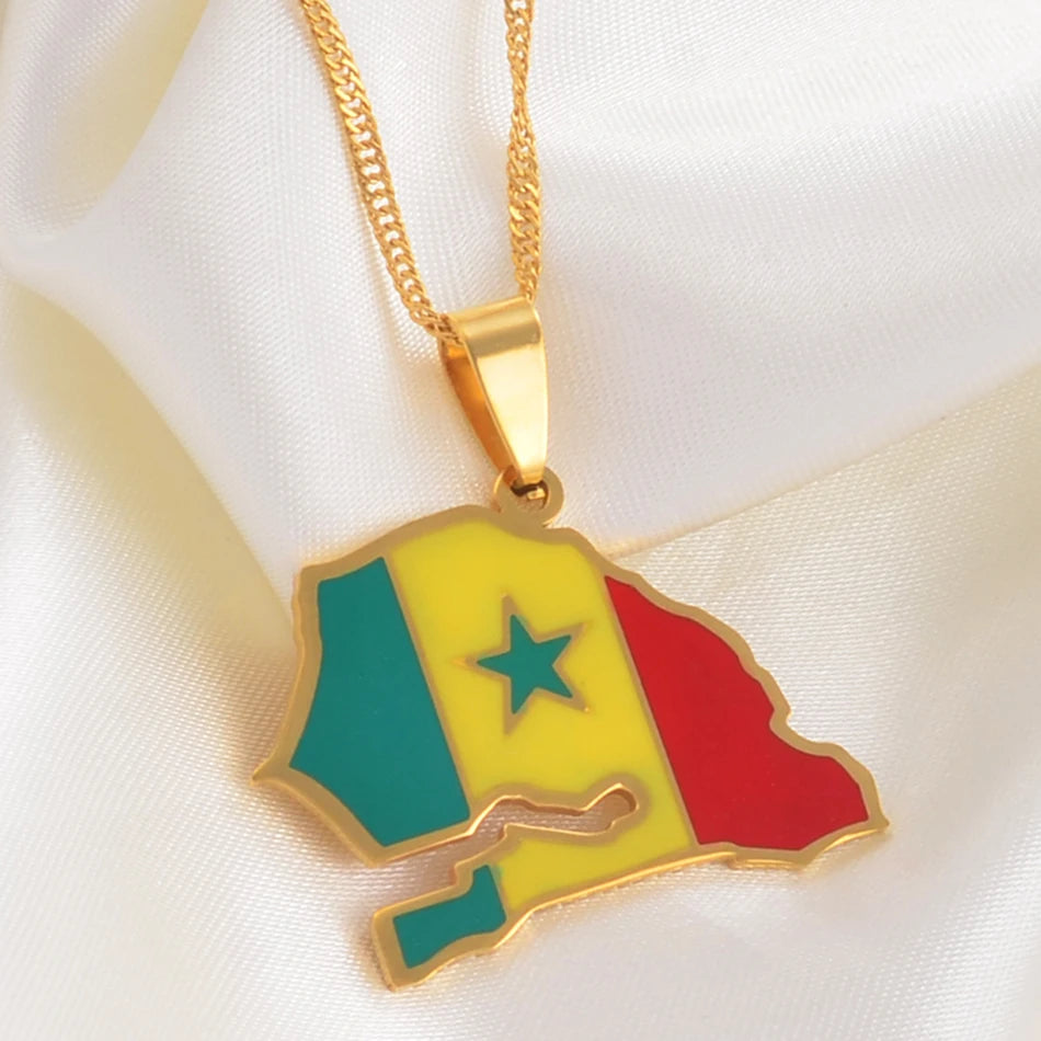 Senegal Landkarten-Flaggen-Halskette – Goldfarbener Senegal Länder-Anhänger, Patriotischer Heimat- & Kulturschmuck für Damen & Herren