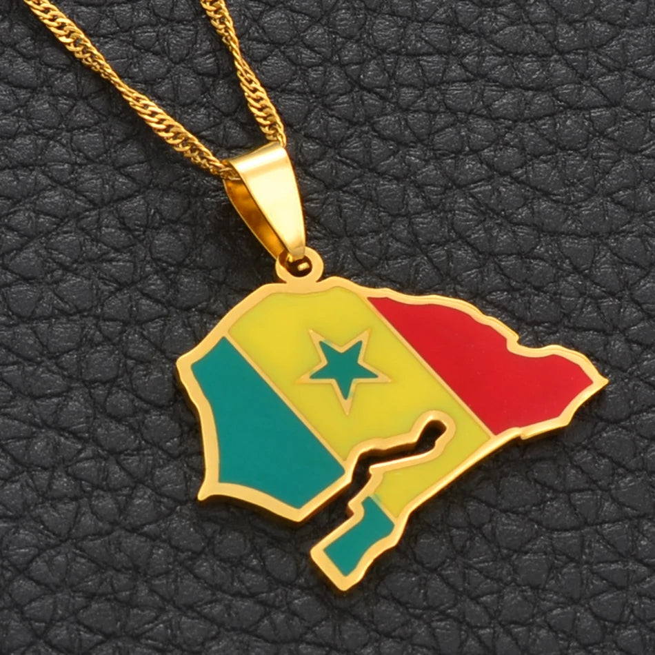 Senegal Landkarten-Flaggen-Halskette – Goldfarbener Senegal Länder-Anhänger, Patriotischer Heimat- & Kulturschmuck für Damen & Herren